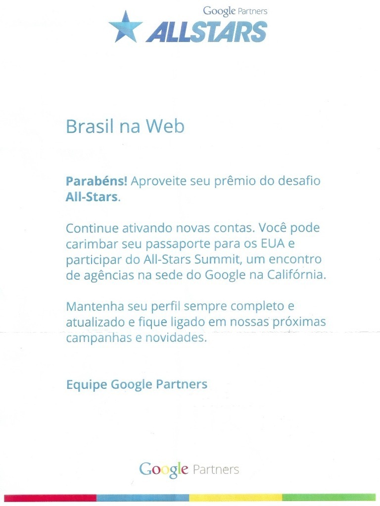 Carta Google envia premio para a Brasil na Web
